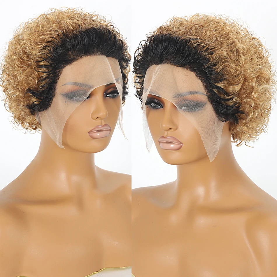 Curly Pixie Cut Wig Lace Human Hair Water Wave Short Bob, 13x1