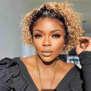 Ombre 1B/27 Pixie Cut Wigs Human Hair Short Curly Lace Front Brazilian