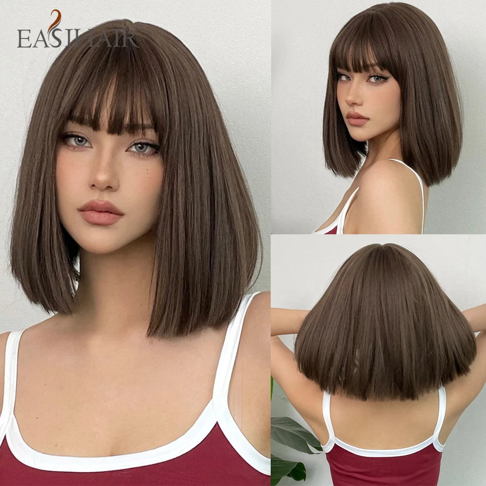 Short Straight Synthetic Wigs Bangs Dark Brown Black Bob Daily Cosplay Party
