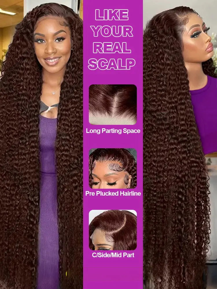 Chocolate Brown Deep Wave Frontal Wig Colored Curly Lace Front Human Hair