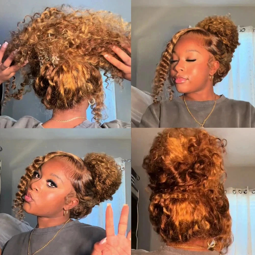 Highlight HD Invisi-Strap 360 Full Lace Wig Pre Plucked Deep Curly 250 Density 360 Lace Frontal Wigs Drawstring Highlight Wig