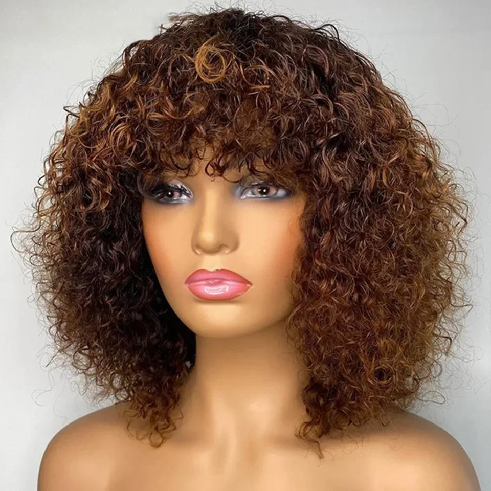 Jerry Curly Human Hair Wigs Bangs Full Machine Made Highlight Honey Blonde