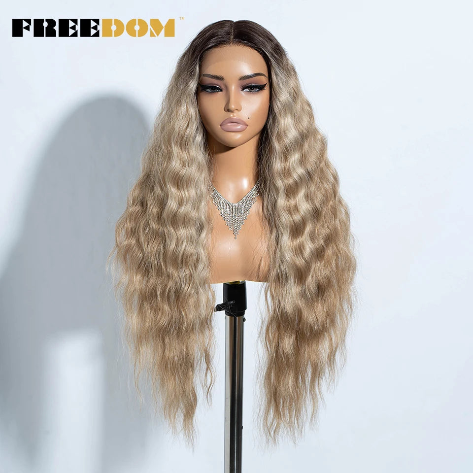 Curly Synthetic Lace Front Wigs Soft Wavy Ombre Blonde Ginger Highlight Cosplay