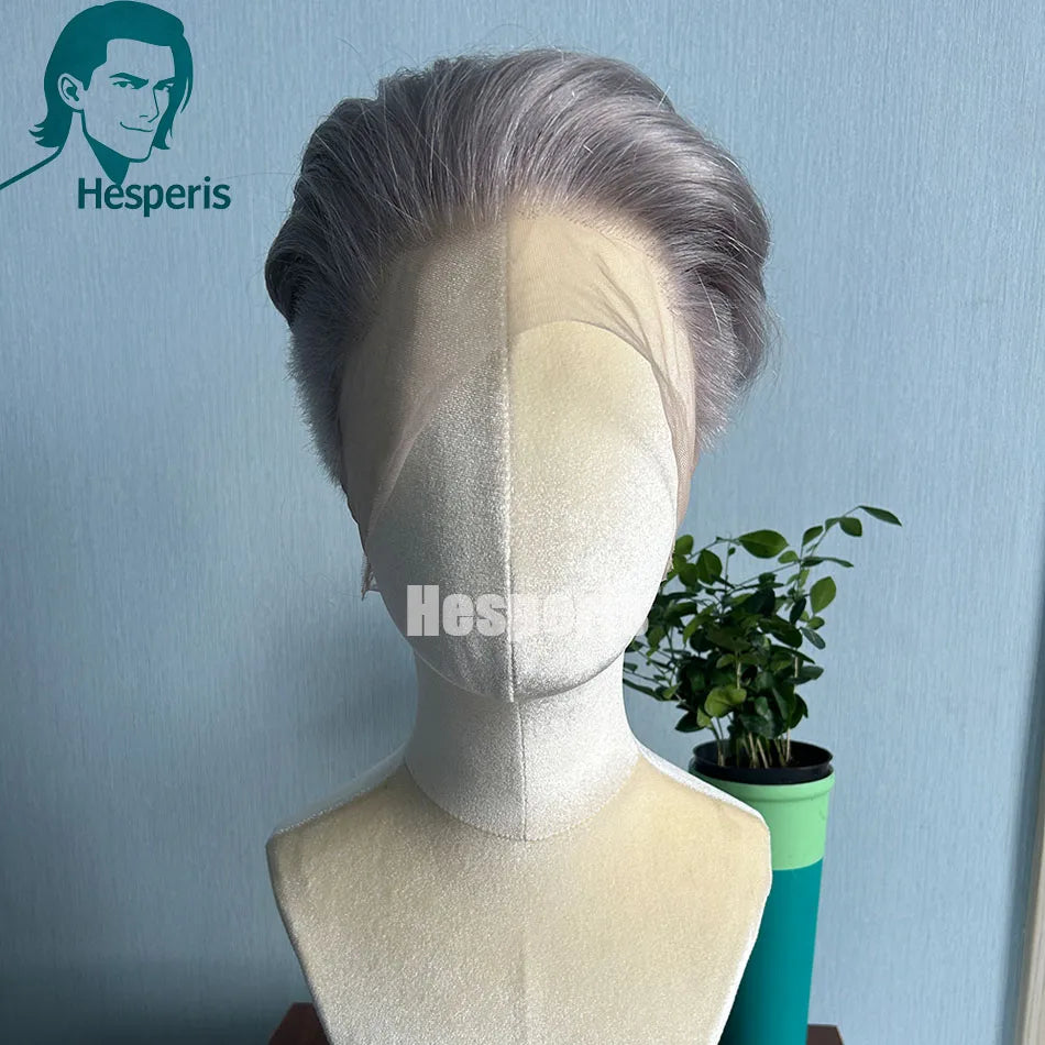 Grey Short Pixie Cut Human Hair Full Lace Wig for Men, Pre-Plucked