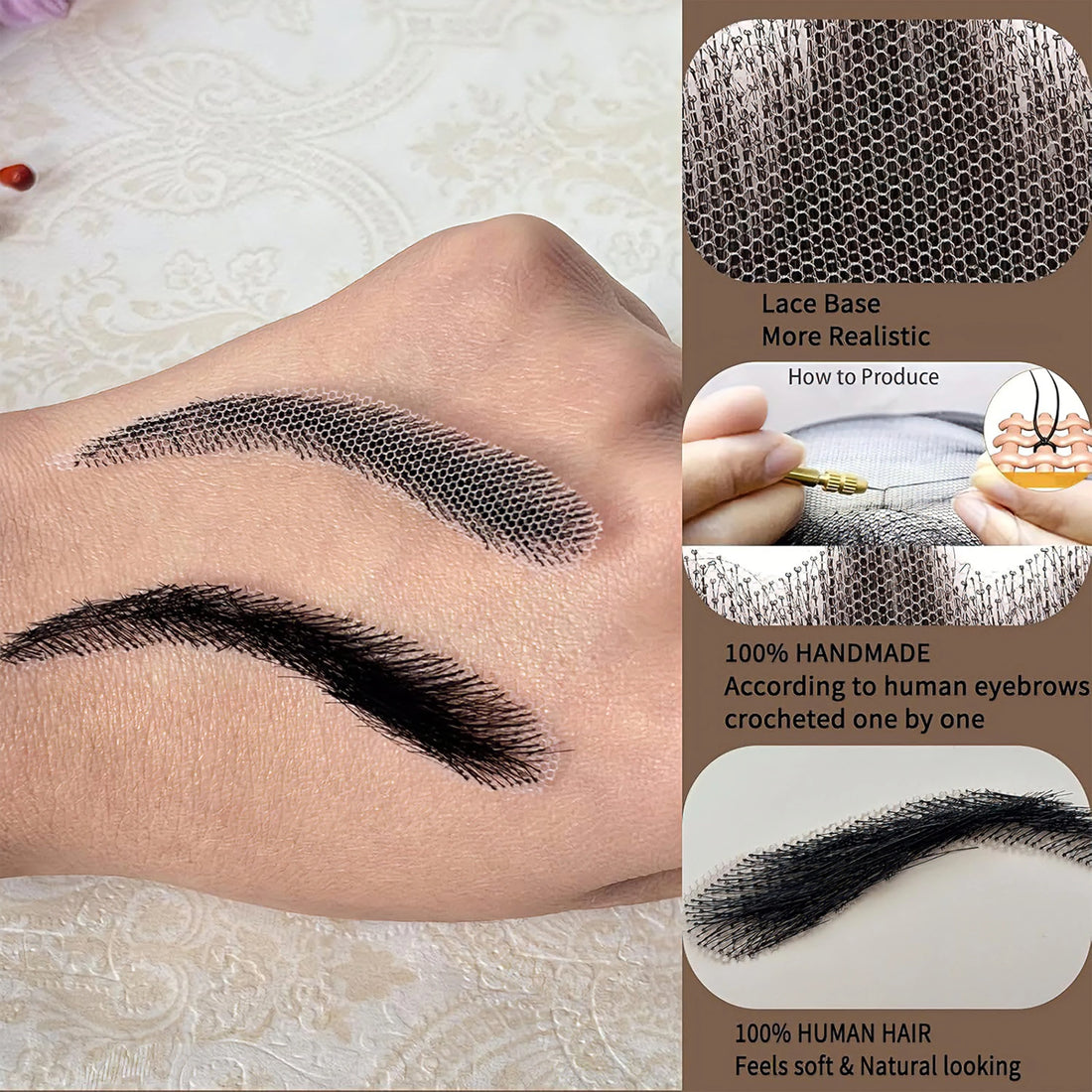 Natural Black Fake Eyebrows Males Females Invisible Lace Base, 100% Human Hair