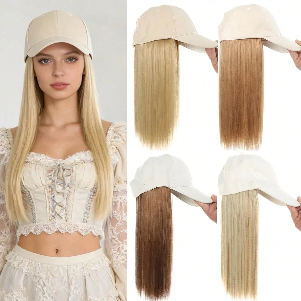 Synthetic Hat Wig with Long Straight Black Hair Baseball Cap Hair Extension Stylish & Convenient All-in-One Design