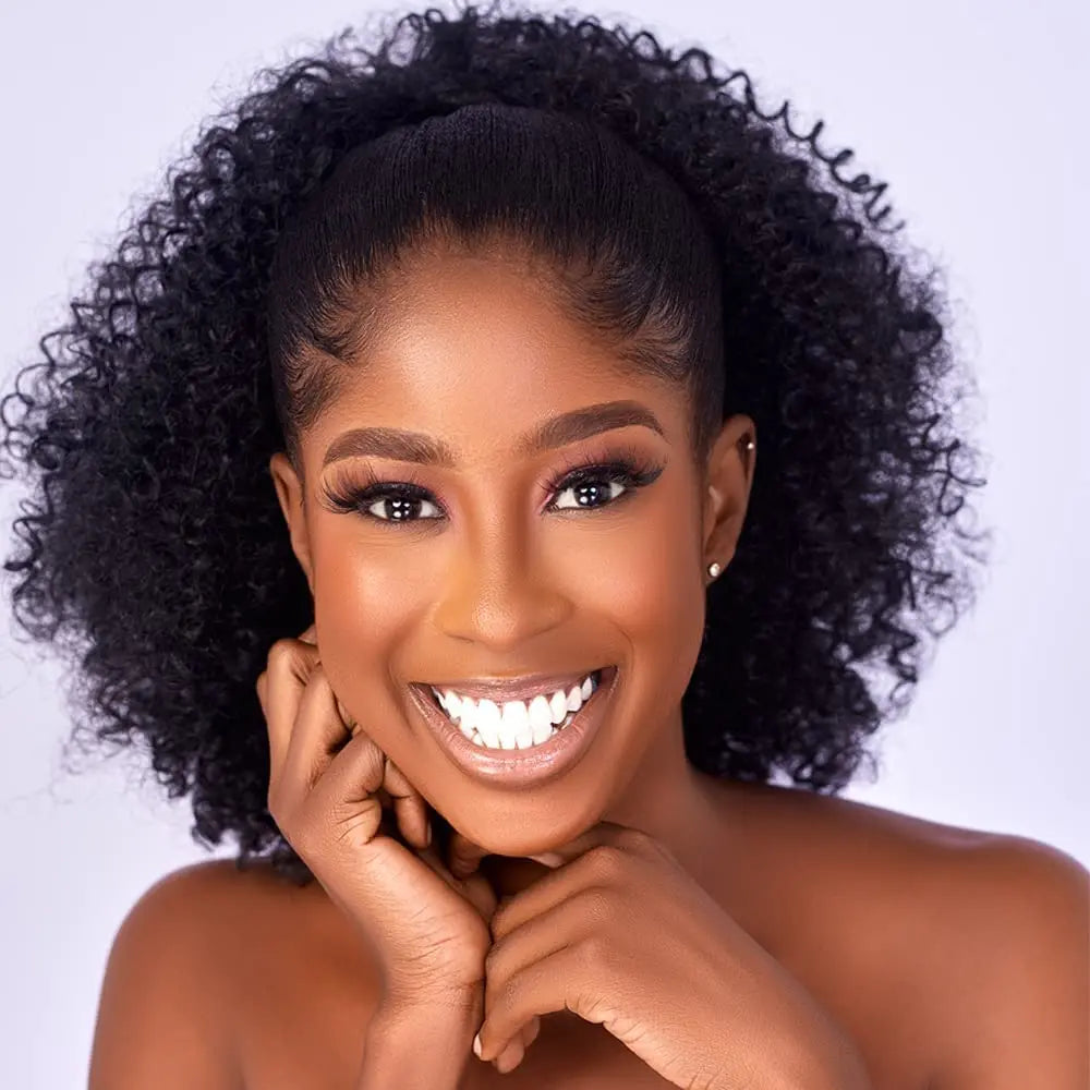 Synthetic Afro Puff Kinky Curly Hair Drawstring Ponytail Extension Short Hairpieces Updo with Two Clips