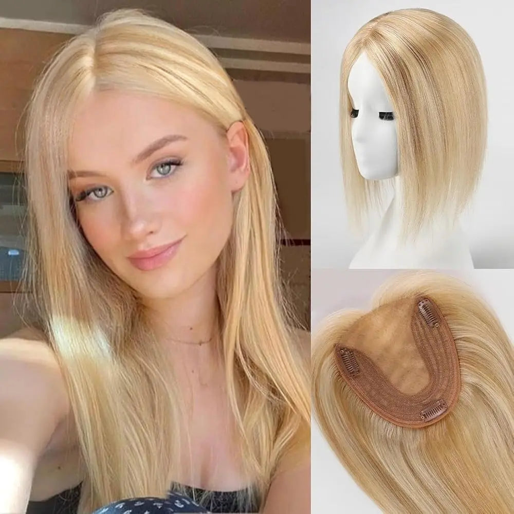 Straight Real Human Hair Topper No Bangs 5"*5.5" Base Brown Blonde Highlights