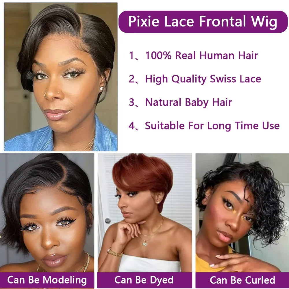 Glueless Straight Pixie Cut Human Hair Wigs Short Right Part Lace Natural
