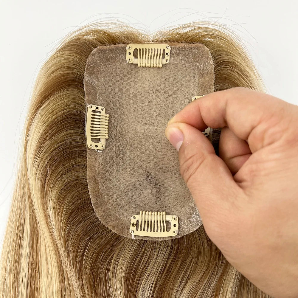 9x14cm 16inch Highlight Blonde Human Hair Cloure Silk Base Topper Clips in