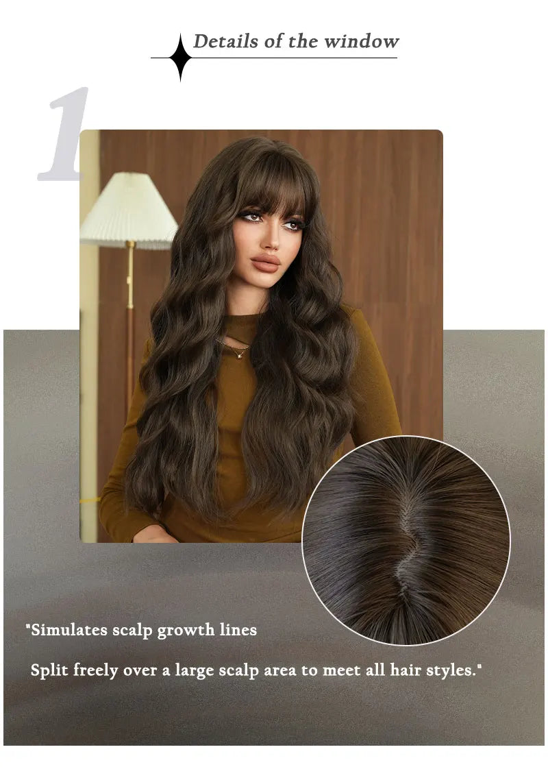 Long Wig Synthetic Wavy Light Brown Wigs Daily Party High Density Layered Wig With Bang