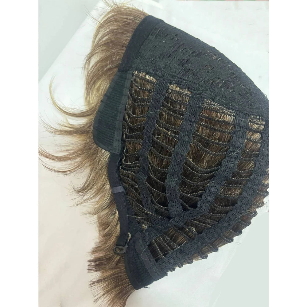 Short Dark Brown Mixed Blonde Highlight Pixie Cut Wigs with Bangs Synthetic Hair Layered Wigs