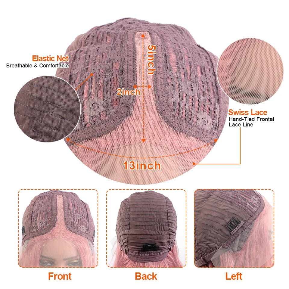 Short Cut Colored Pink Bob T Part Lace Wigs Human Hair 180D