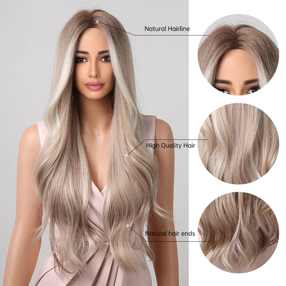 Platinum Blonde White Highlight Dark Roots Synthetic Hair Wigs Long Wavy Cosplay
