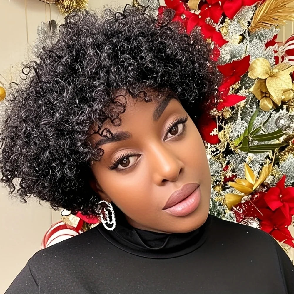 Human Hair Wig Natural Afro Kinky Curly Pixie Cut with Bangs Full Jerry Curly Hairpiece Full Machine-Made Wig