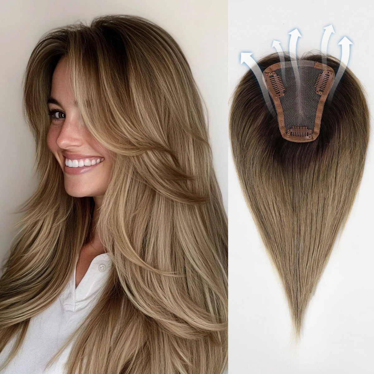 Light Brown Ombre Middle Part Lace Front Topper, 100% Remy Human Hair