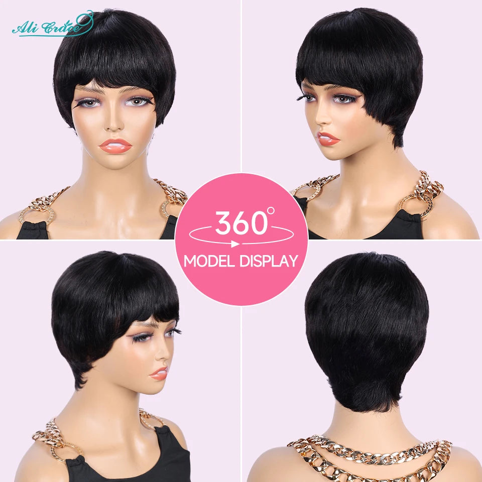 Short Bob Pixie Cut Wigs Straight Human Hair Machine Made Bangs Brazilian