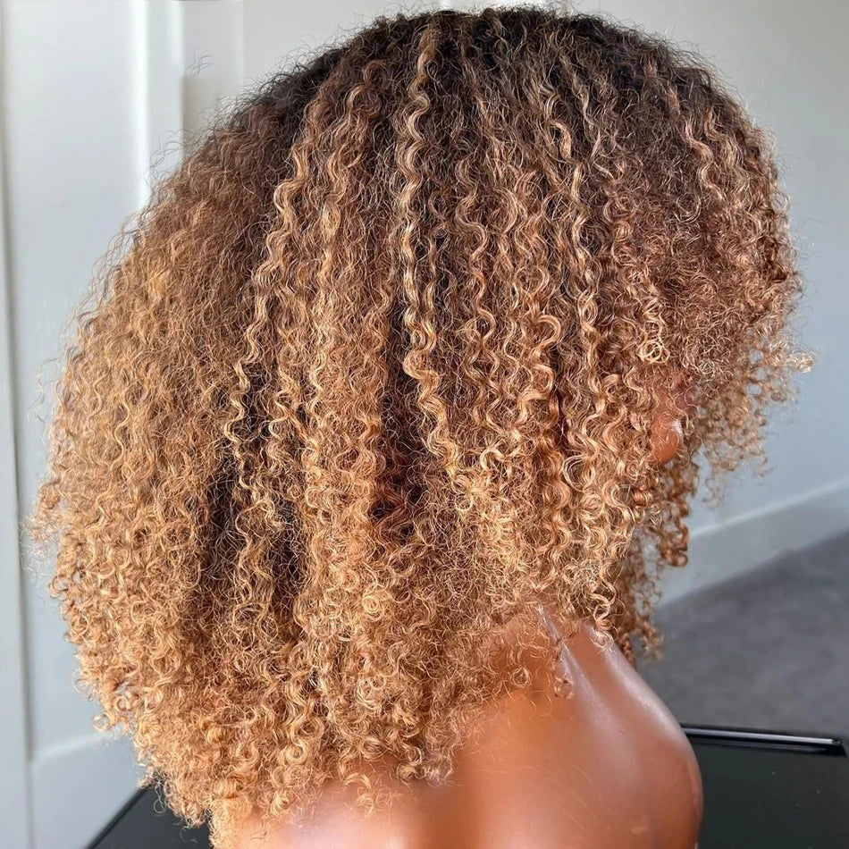 Chocolate Brown Afro Kinky Curly Hair Short Bob Wig Ombre, 100% Human