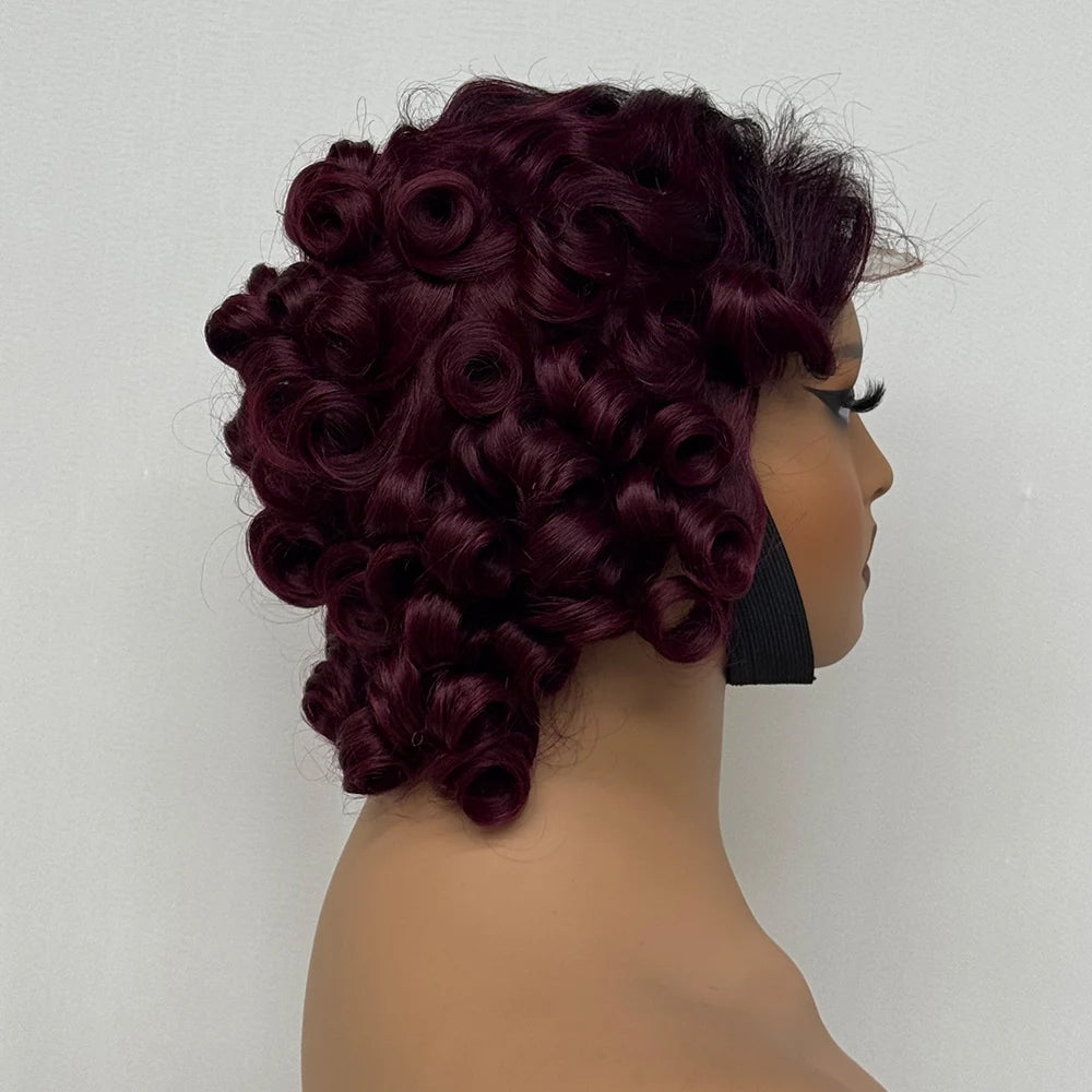 4x4 Lace Closure Wig Short Bouncy Texture Pixie Hair Real Human, 200%