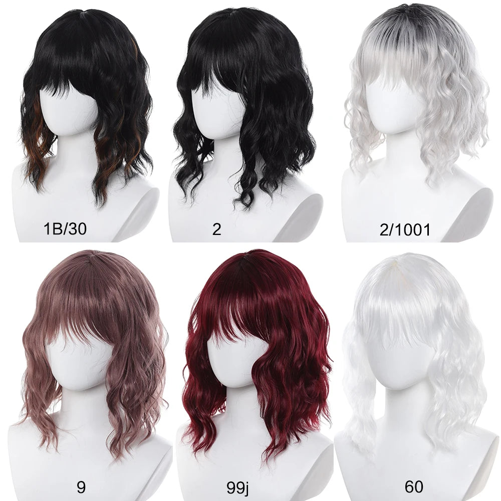 Natural Black Short Curly Wig - Shoulder Length Wavy Bob with Bangs | Synthetic Heat-Resistant Hair
