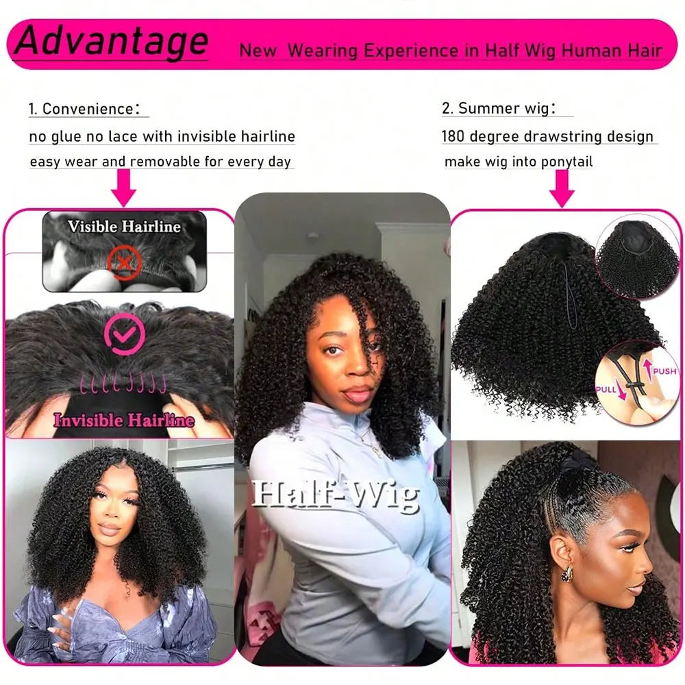Jerry Curly Half Wig Human Hair Seamless Kinky in Machine Heandband Clip
