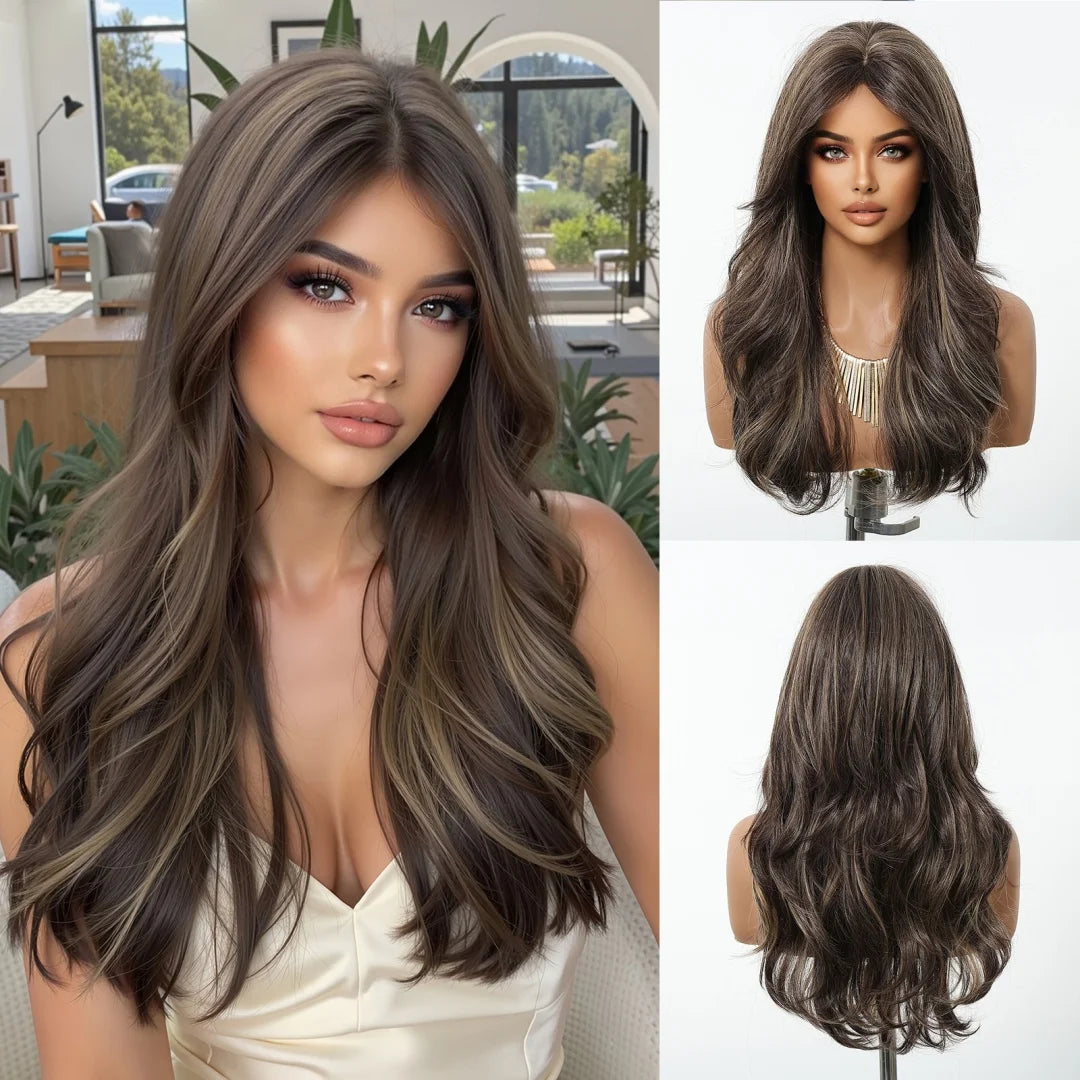 Platinum Blonde White Highlight Dark Roots Synthetic Hair Wigs Long Wavy Cosplay