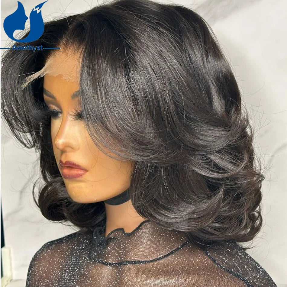 Layered Middle Part Silk Top Lace Closure Human Hair Wig, Short Bob, Pre Plucked