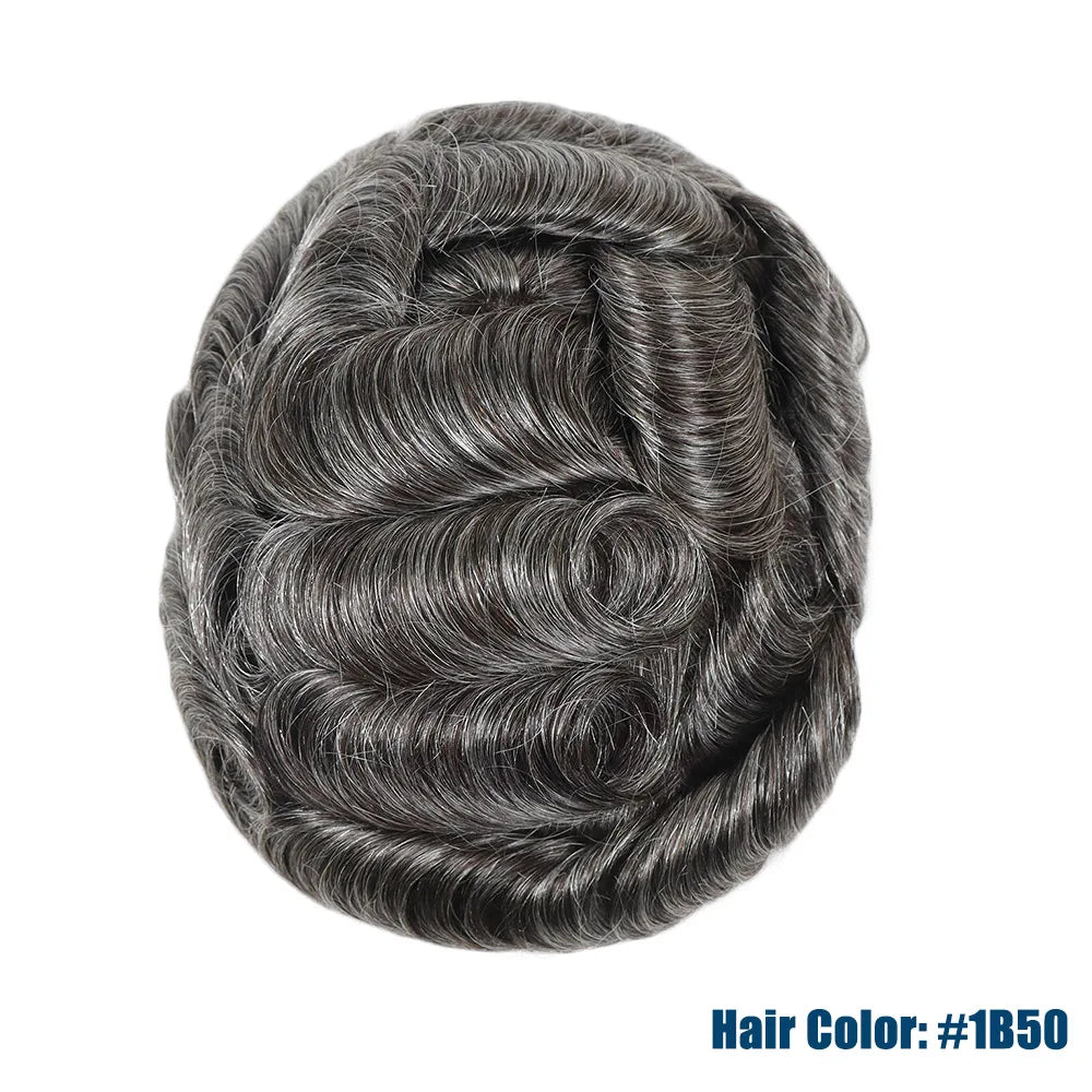 Grey Human Hair Prosthesis Toupee PU Fine Mono Lace Front Wig System