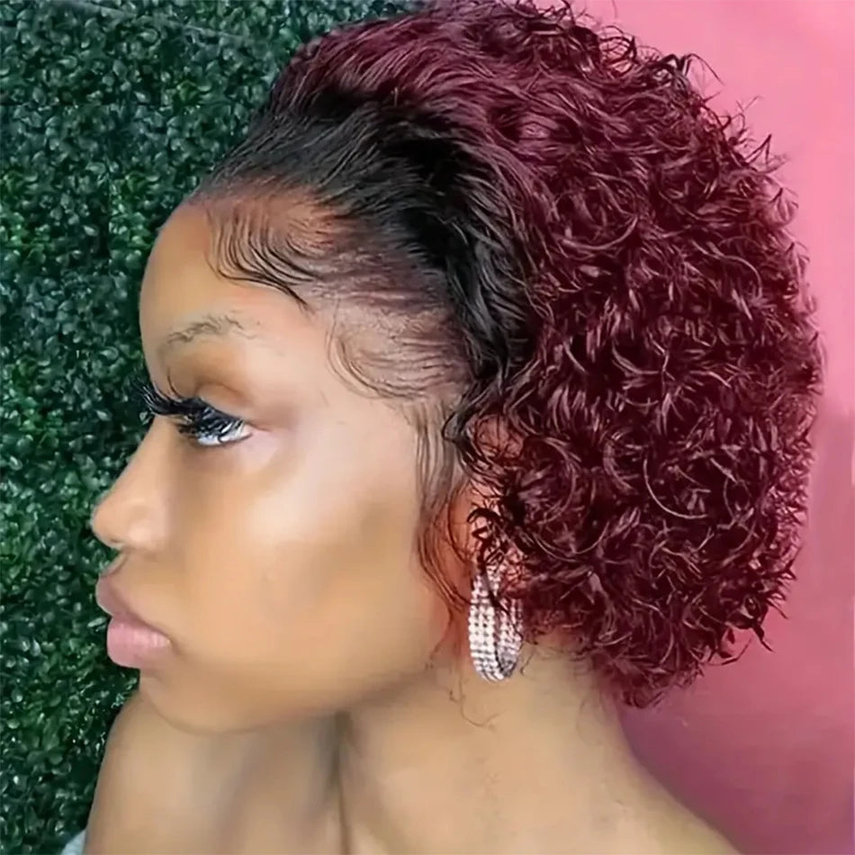 Curly Pixie Cut Wig Lace Human Hair Water Wave Short Bob, 13x1