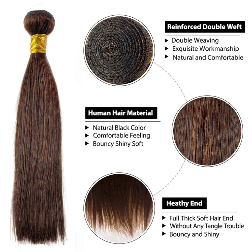 12A Chocolate Brown Straight Human Hair Bundles Closure Frontal Raw Brazilian Tissage