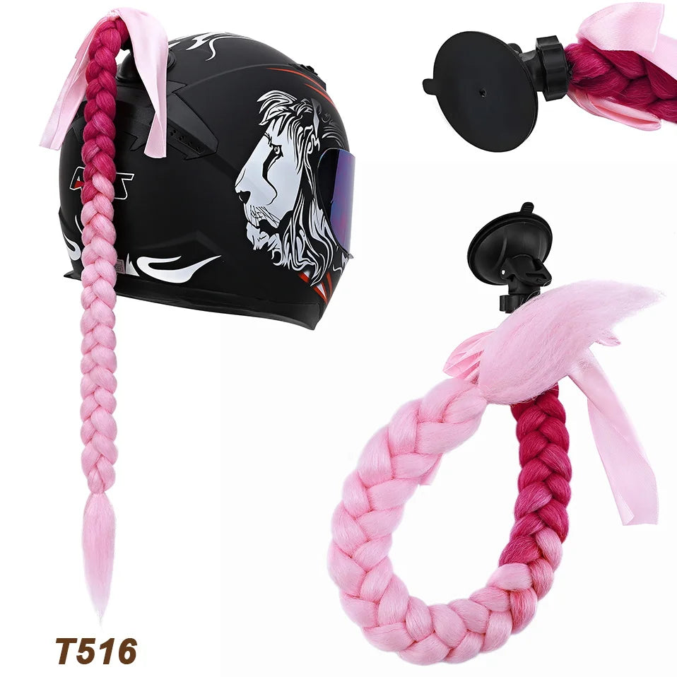 Synthetic Helmet Pigtails Gradient Ramp Braids Ponytail Hair Suction Cup Bowknot Motor