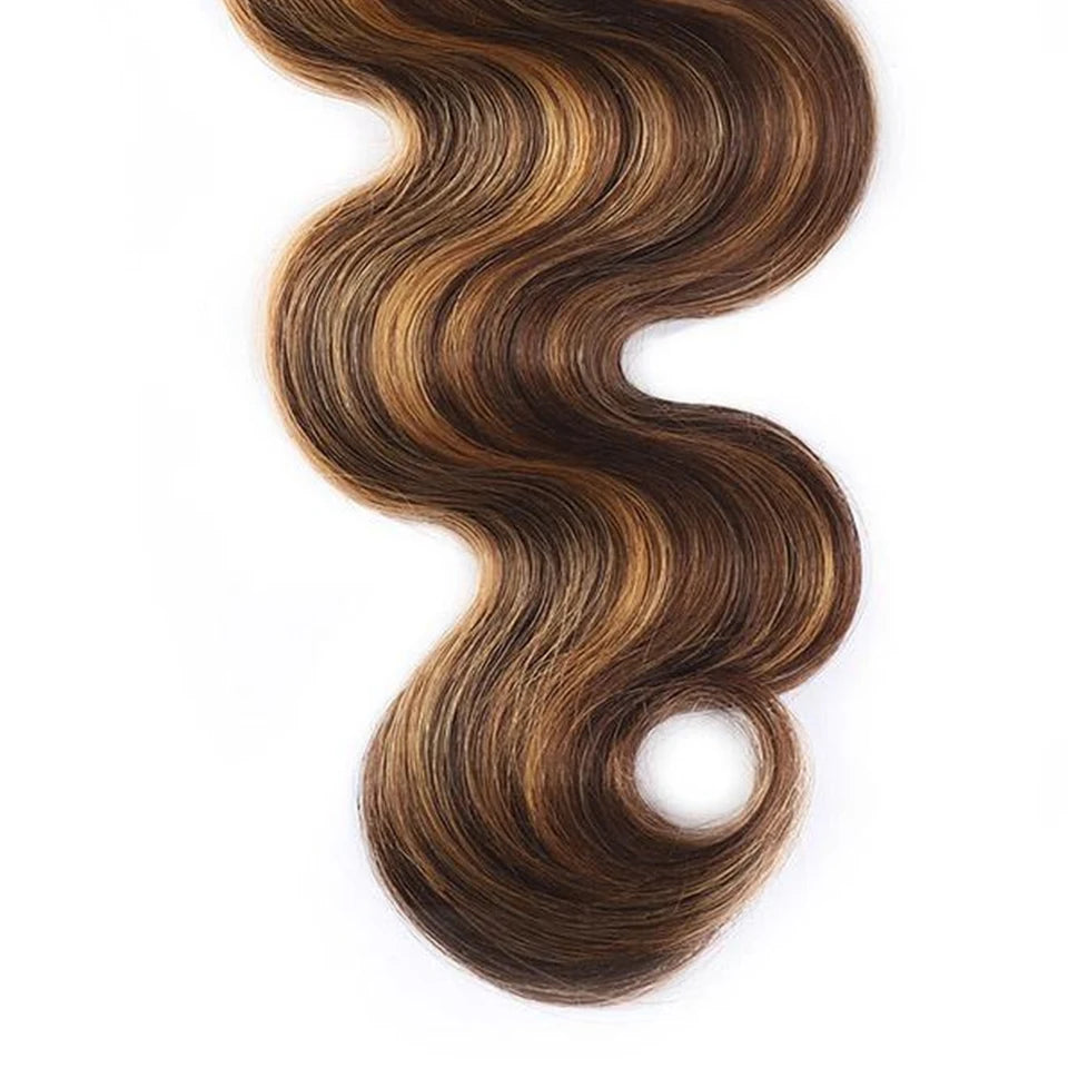 P4/27 Highlight Human Hair Bundles, 4x4 Body Wave Lace Closure Brazilian Remy