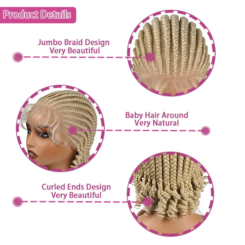 8 Inch Synthetic Short Bob Cornrow Braided Wig with Baby Hair, Knotless Box Braids