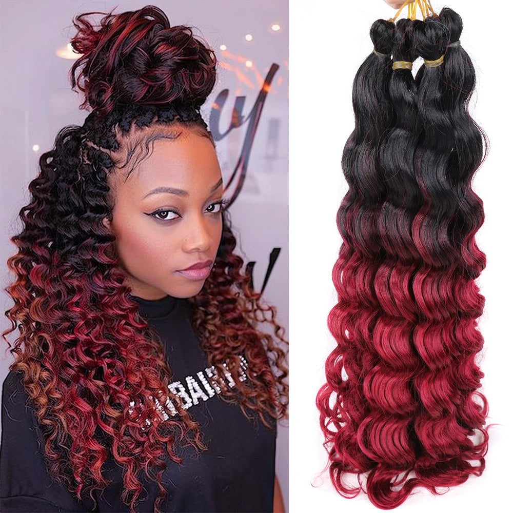 20“Deep Curly Synthetic Hair Deep Wave Bulk Crochet Braid Black Ombre Blue