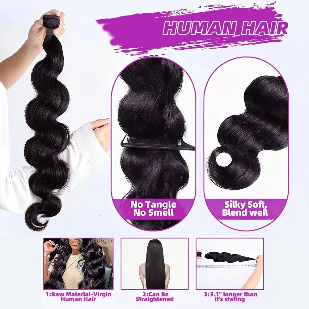 12A Body Wave Bundles Human Hair Natural Black Raw 1/3/ Sew in