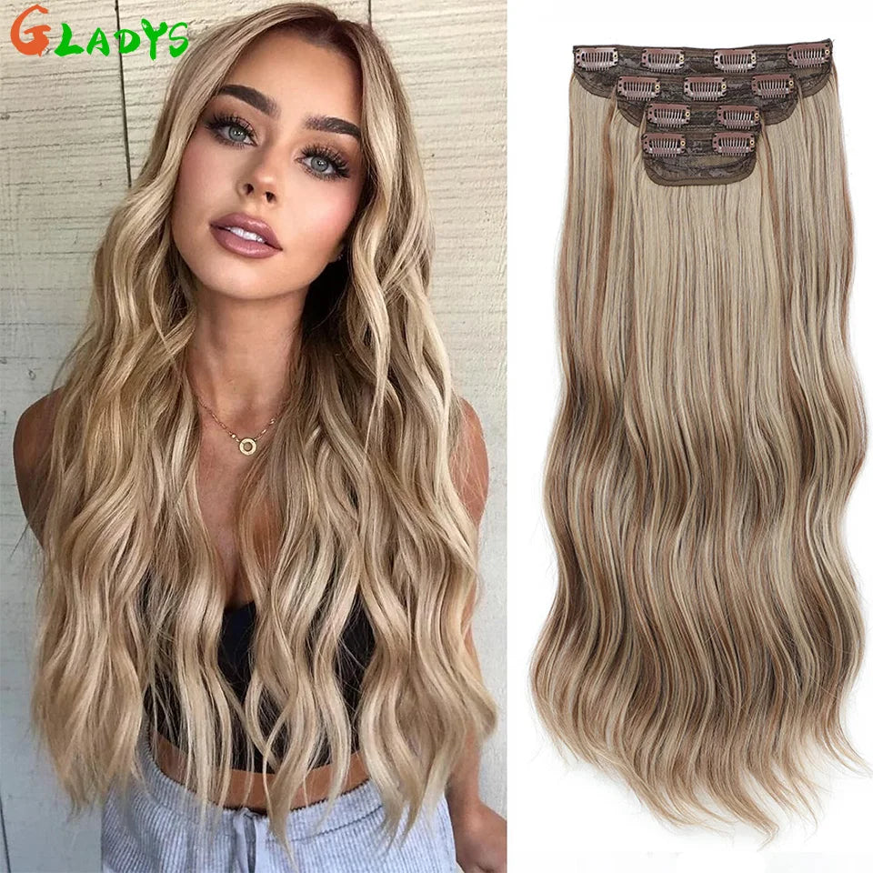 Ombre Color Clips Hair Extension Synthetic Body Wave Ins Piece