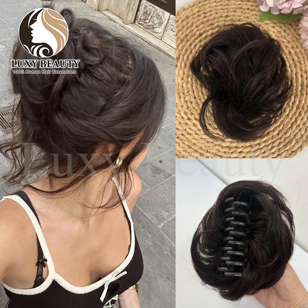 Brown Curly Claw Clip Messy Bun Ponytail Human Hair Extensions Black Blonde