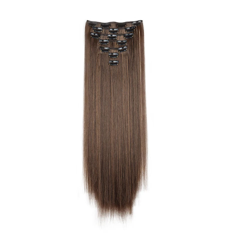 24Inch Synthetic 7Pcs/set Long Straight Hair Extension 16Clips Hairstyle Black Blonde Hairpiece