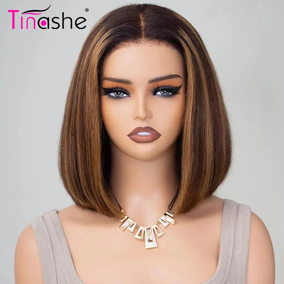 Glueless Highlight Straight Bob Wig 6×5 HD Lace Wig Bleached Knot Short Human Hair Wigs