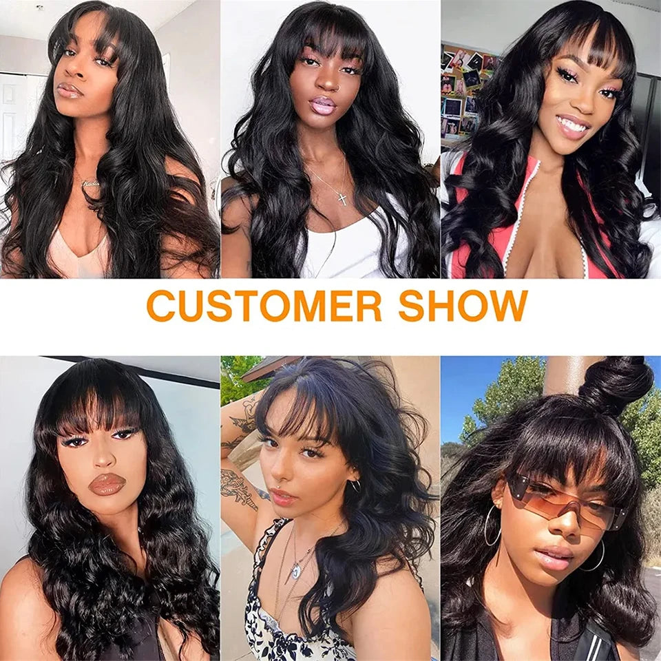 Body Wave Human Hair Wigs Bangs Brazilian Pre Plucked Full Machine Made