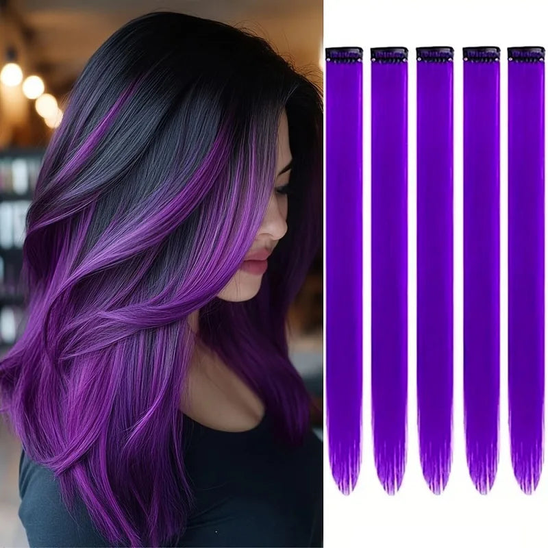 20Inch Synthetic Colorful 5pcs/set Clip Hair Extensions High Temperature Long Straight Hairpieces Daily Party Use