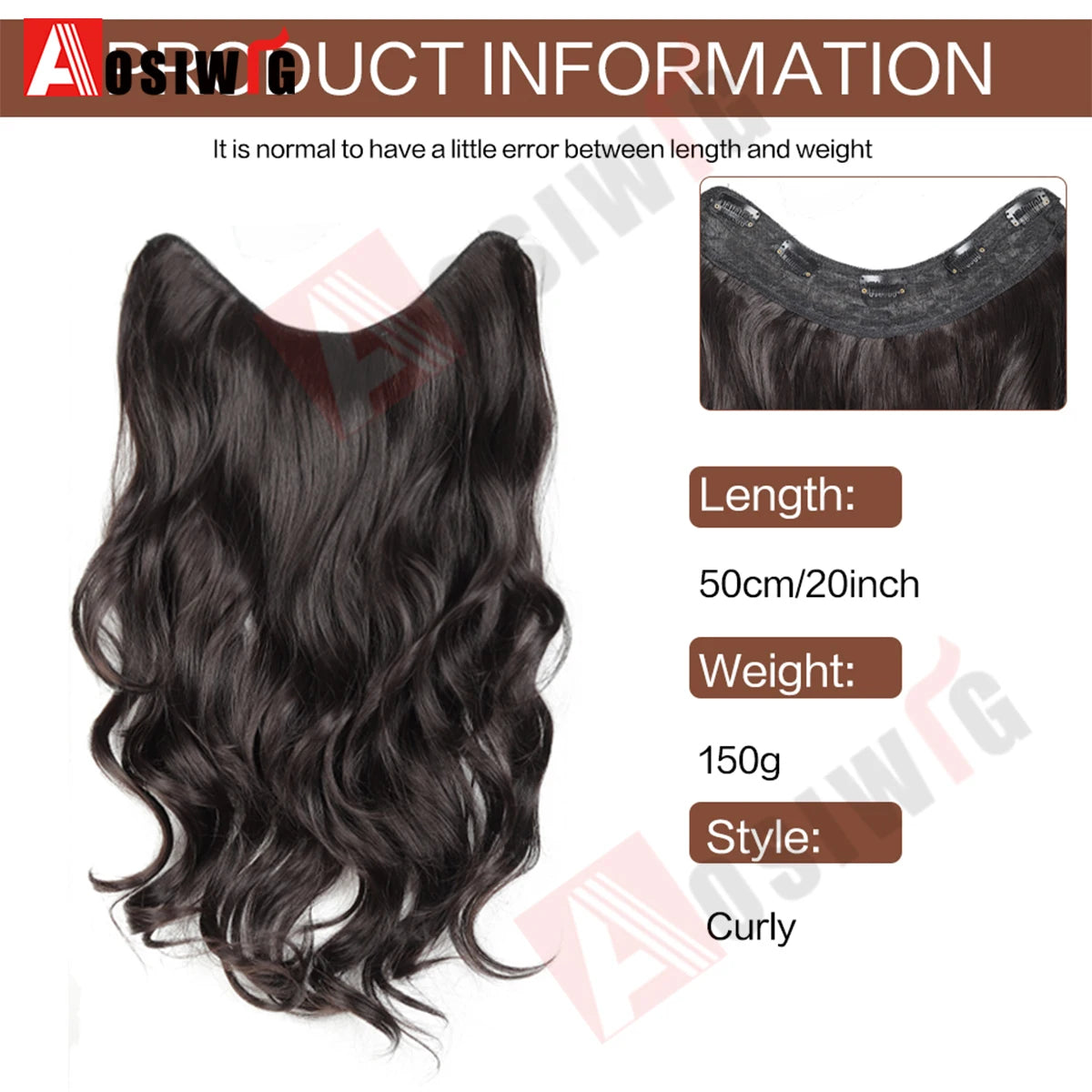 20Inch Synthetic Long Wavy Curly 5 Clip in Hair Extension Fashion Invisible V-shaped Heat Resistant Black Hairpiece