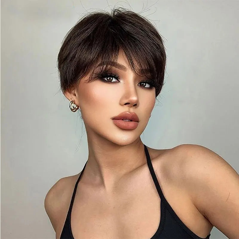 Short Brown Wig Human Hair Pixie Cut Chocolate Duby Full Machine