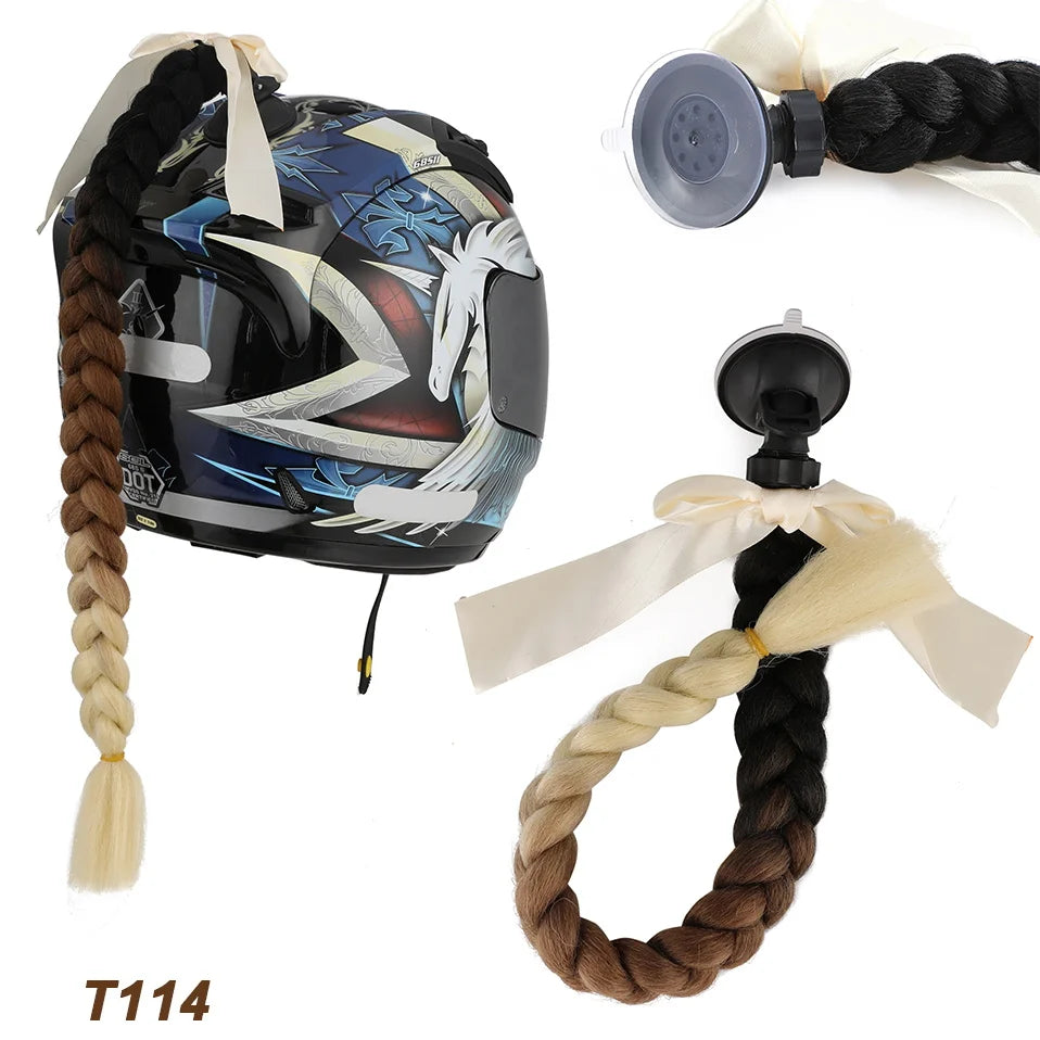 Synthetic Helmet Pigtails Gradient Ramp Braids Ponytail Hair Suction Cup Bowknot Motor