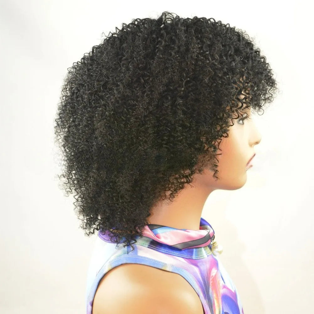 Natural Color Afro Kinky Curly Bangs Human Hair Full Machine Wig Brazilian