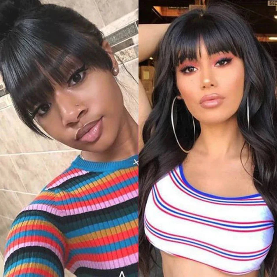 Body Wave Human Hair Wigs Bangs Brazilian Pre Plucked Full Machine Made