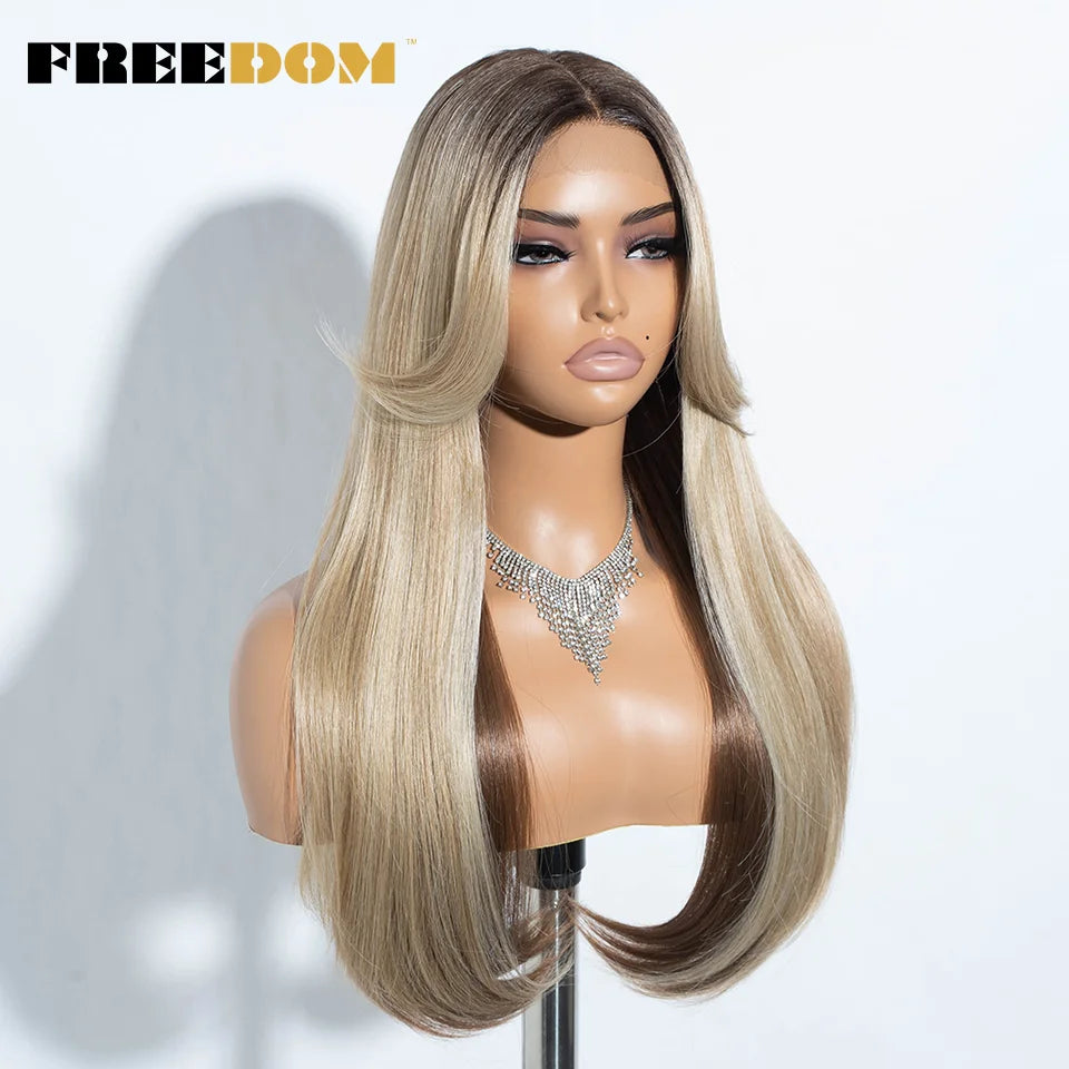 Straight Synthetic Lace Front Wigs Long Bangs Ombre Brown Blonde Highlight Cosplay