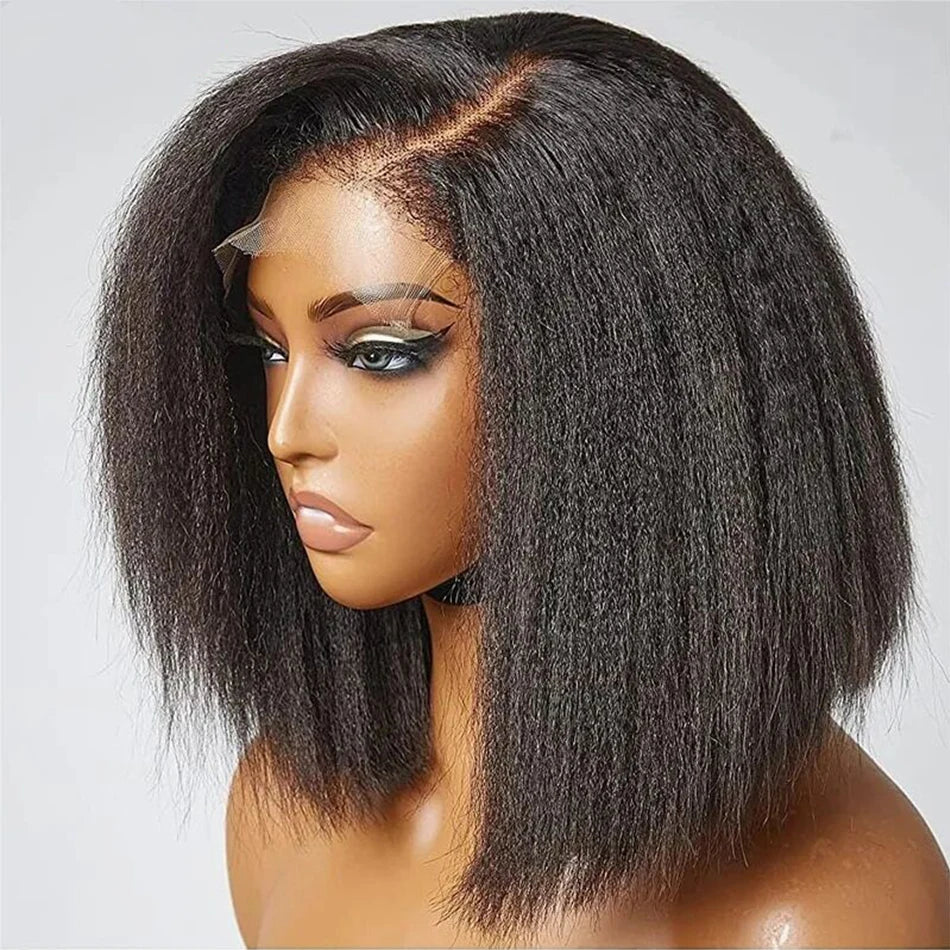 Kinky Straight Short Bob Human Hair Wig, 13x4 HD Transparent Lace Frontal, Glueless