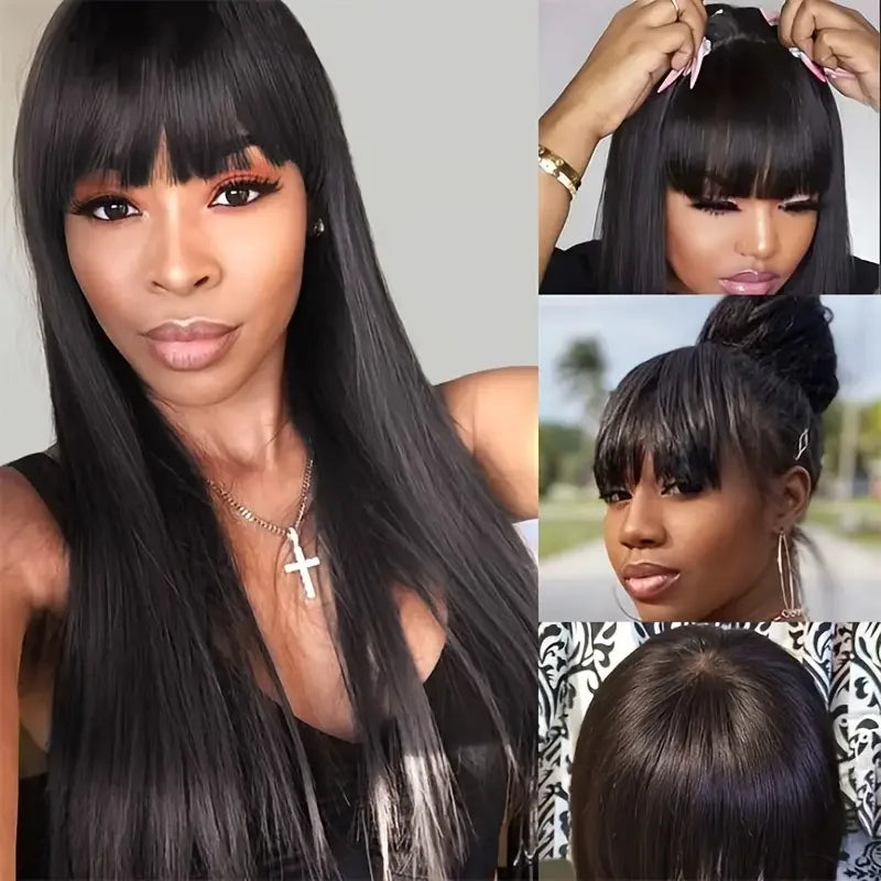 Peruvian Straight Full Machine Made Wig Bang, 180% Natural Human Hair Pre-plucked