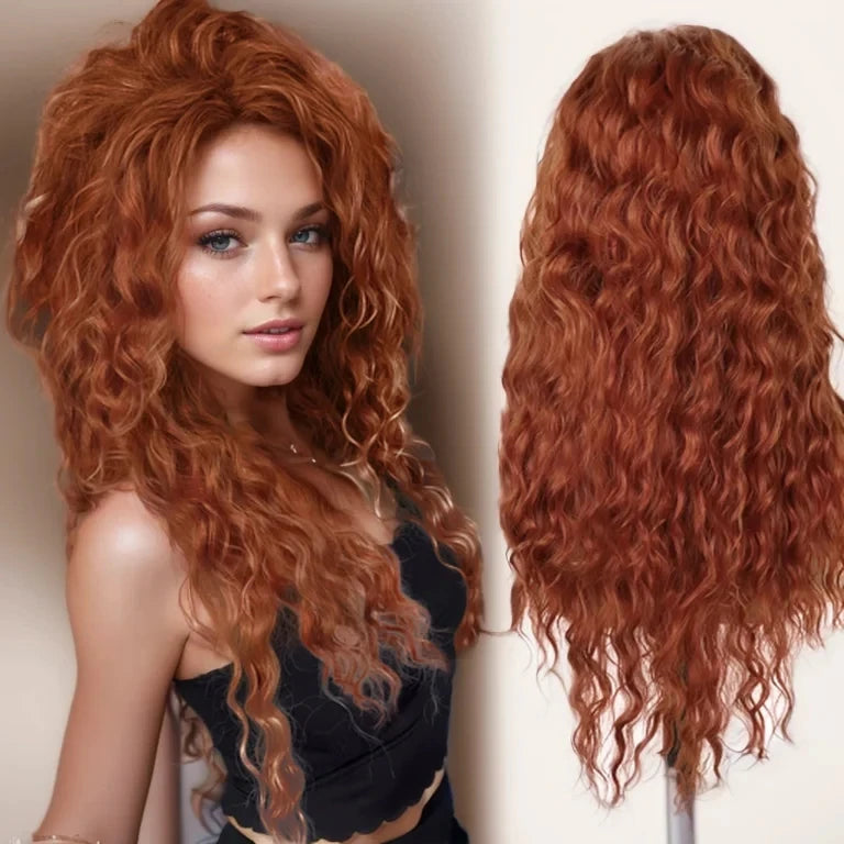 Reddish Brown Wig Synthetic Hair Glueless Curly Heat Resistant Auburn Deep Wave